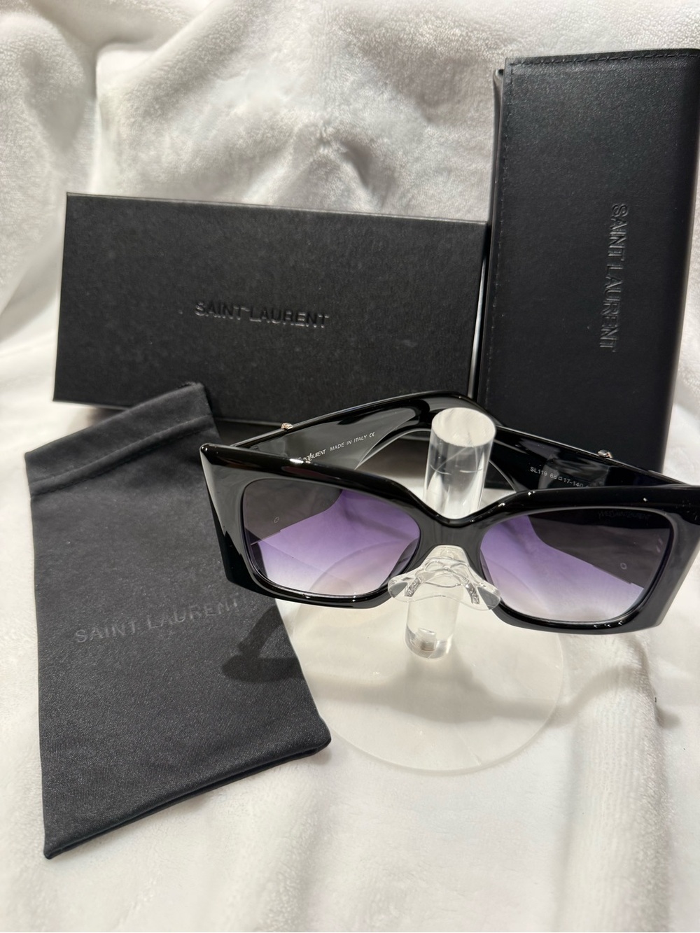 Saint Laurent Black Cat-Eye Sunglasses with Purple Gradient Lenses